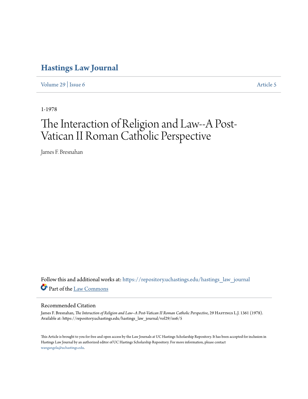 The Interaction of Religion and Law--A Post-Vatican II Roman Catholic Perspective, 29 Hastings L.J