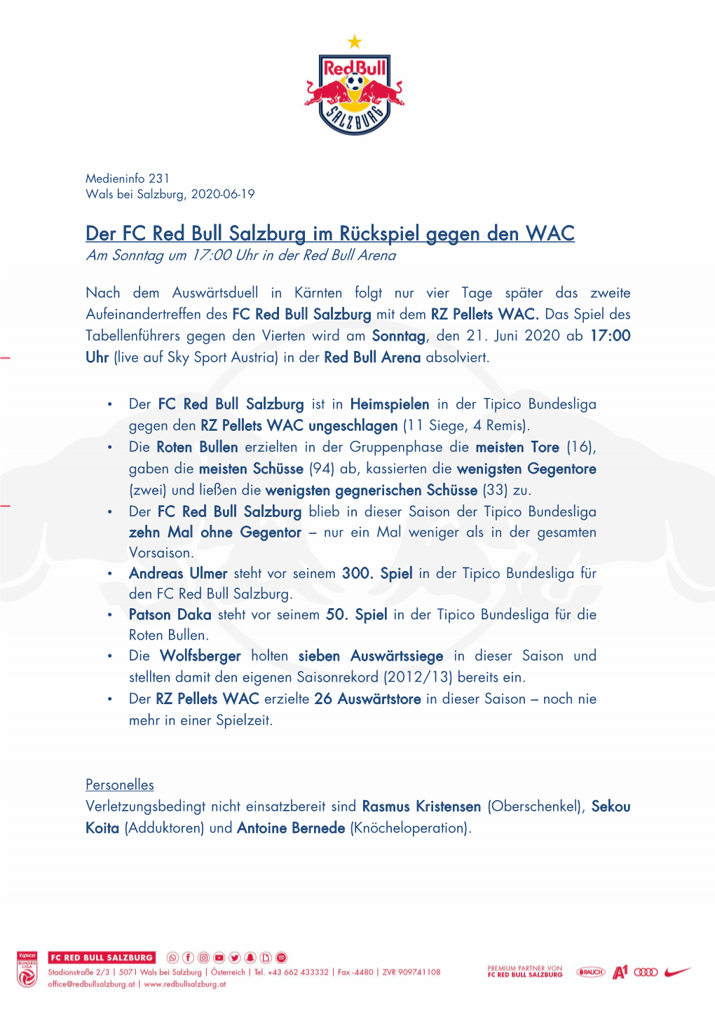 Der FC Red Bull Salzburg Im Rückspiel Gegen Den WAC Am Sonntag Um 17:00 Uhr in Der Red Bull Arena