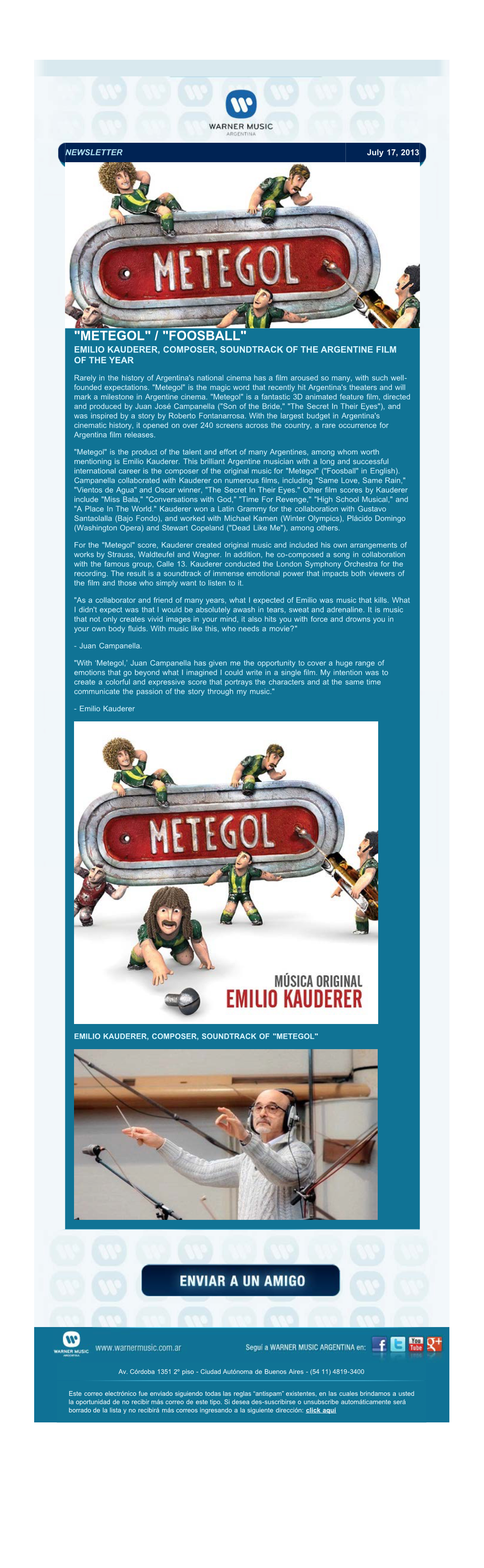 Metegol" / "Foosball" Emilio Kauderer, Composer, Soundtrack of the Argentine Film of the Year