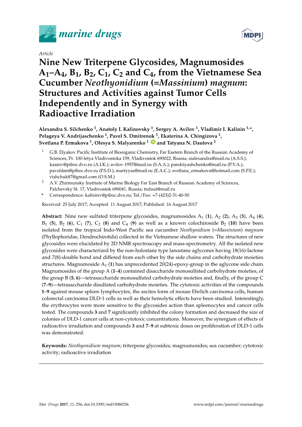 Nine New Triterpene Glycosides, Magnumosides