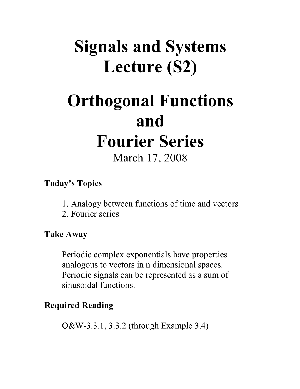 Signals and Systems Lecture (S2) Orthogonal Functions and Fourier