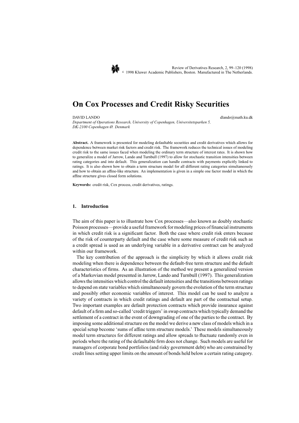 On Cox Processes and Credit Risky Securities