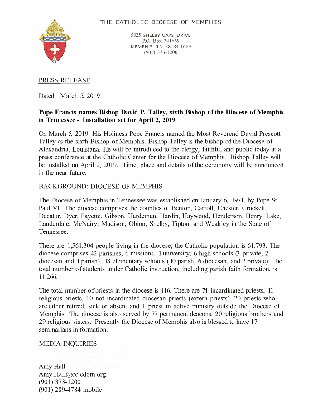 PRESS RELEASE Dated: March 5, 2019 Pope Francis Names Bishop