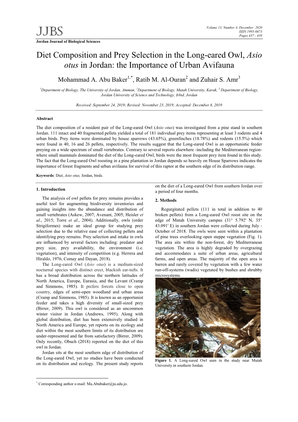 Diet Composition and Prey Selection in the Long-Eared Owl, Asio Otus in Jordan: the Importance of Urban Avifauna