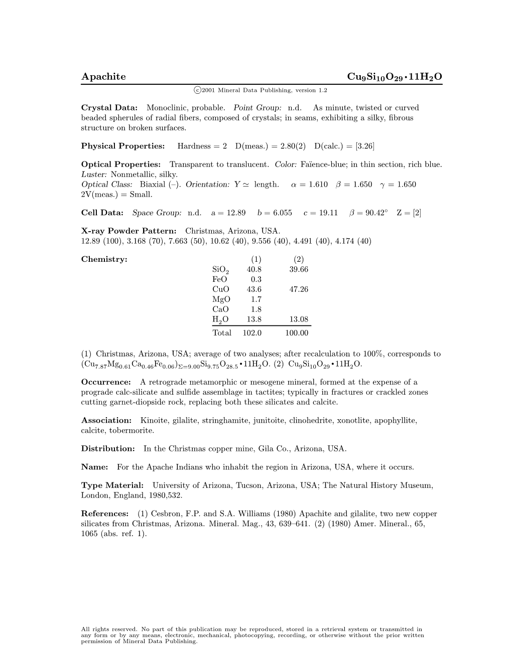 Apachite Cu9si10o29 ² 11H2O C 2001 Mineral Data Publishing, Version 1.2 ° Crystal Data: Monoclinic, Probable