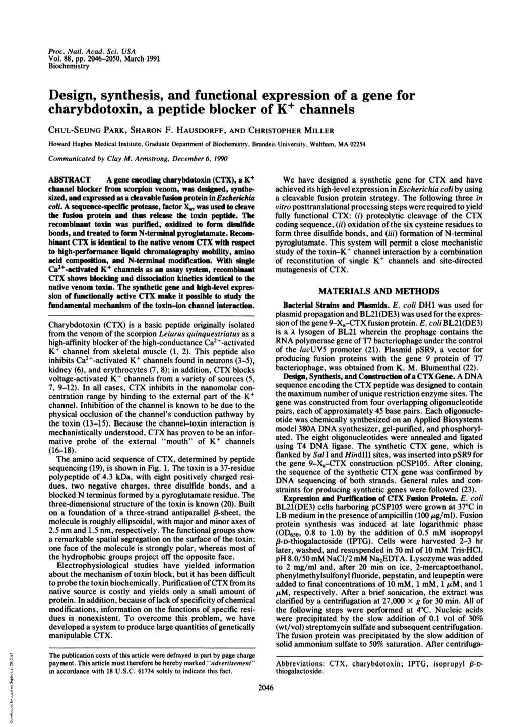 Design, Synthesis, and Functional Expression of a Gene for Charybdotoxin, a Peptide Blocker of K+ Channels CHUL-SEUNG PARK, SHARON F