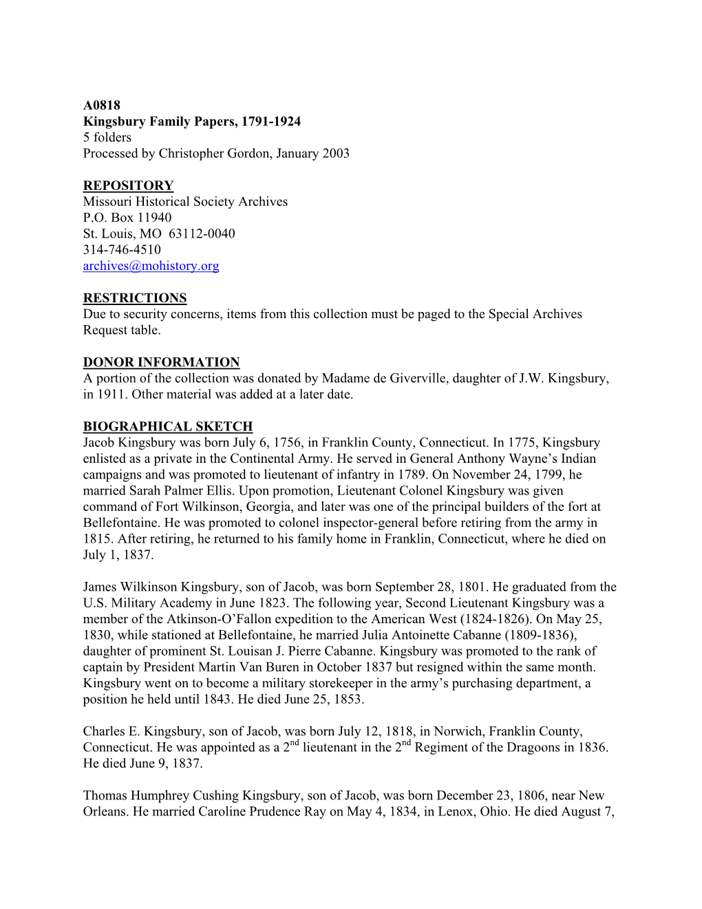 A0818 Kingsbury Family Papers, 1791-1924 5 Folders Processed by Christopher Gordon, January 2003