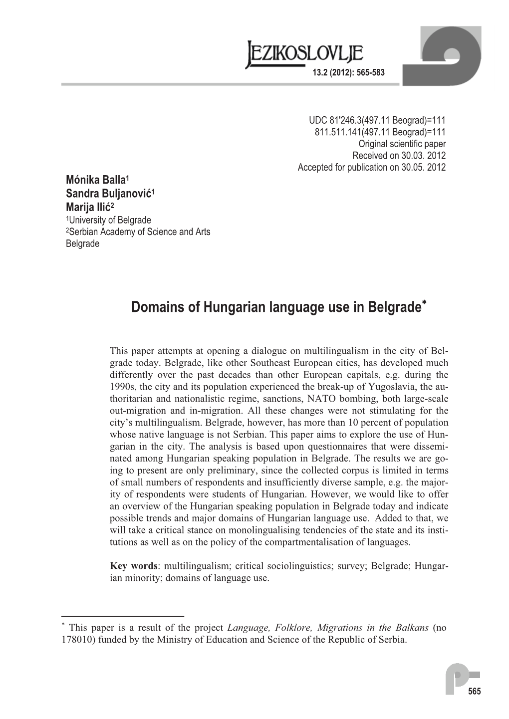 Domains of Hungarian Language Use in Belgrade