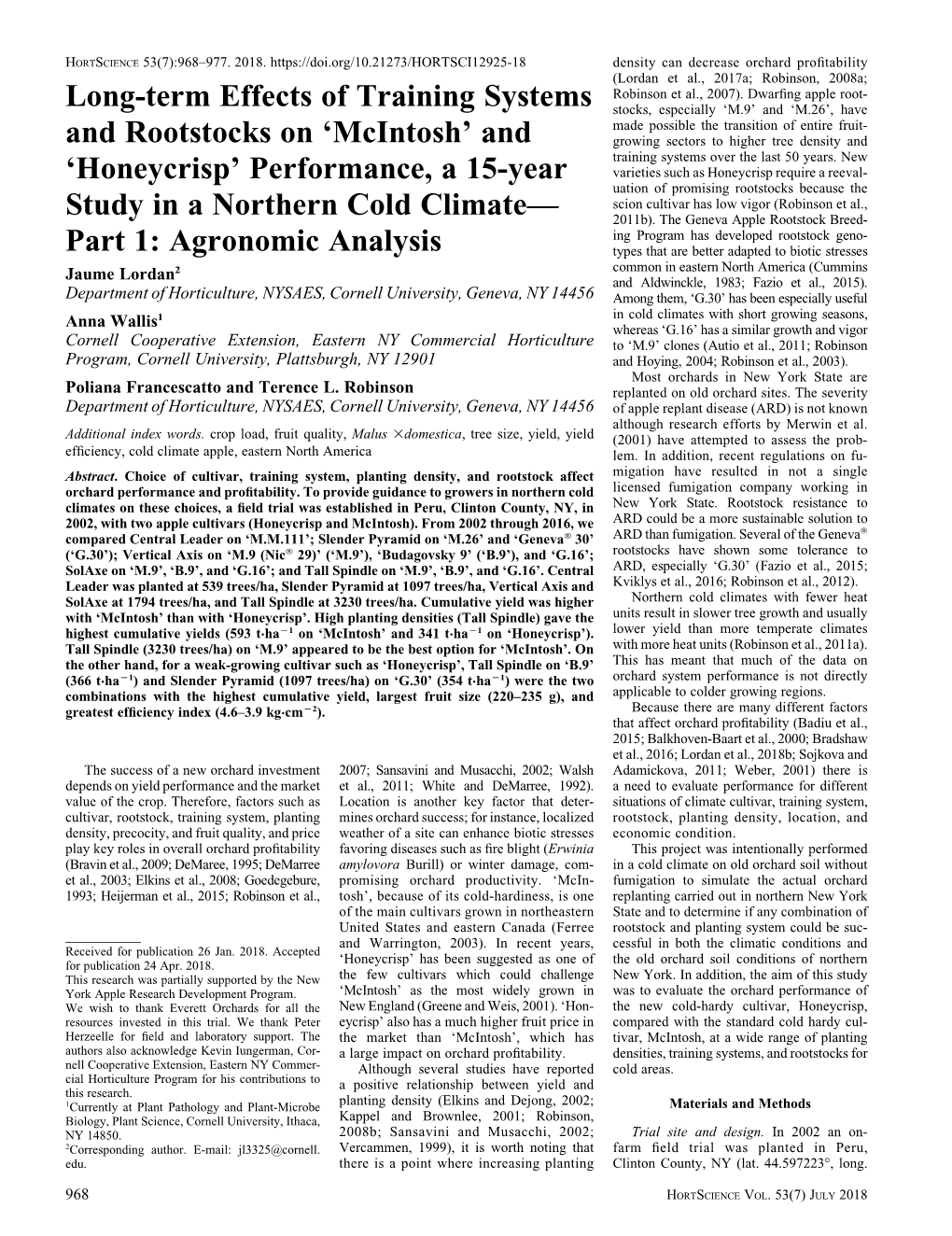 Long-Term Effects of Training Systems and Rootstocks on 'Mcintosh' And