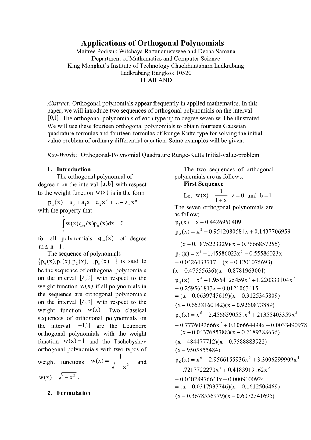 Sequence of Orthogonal Polynomials and Their Application