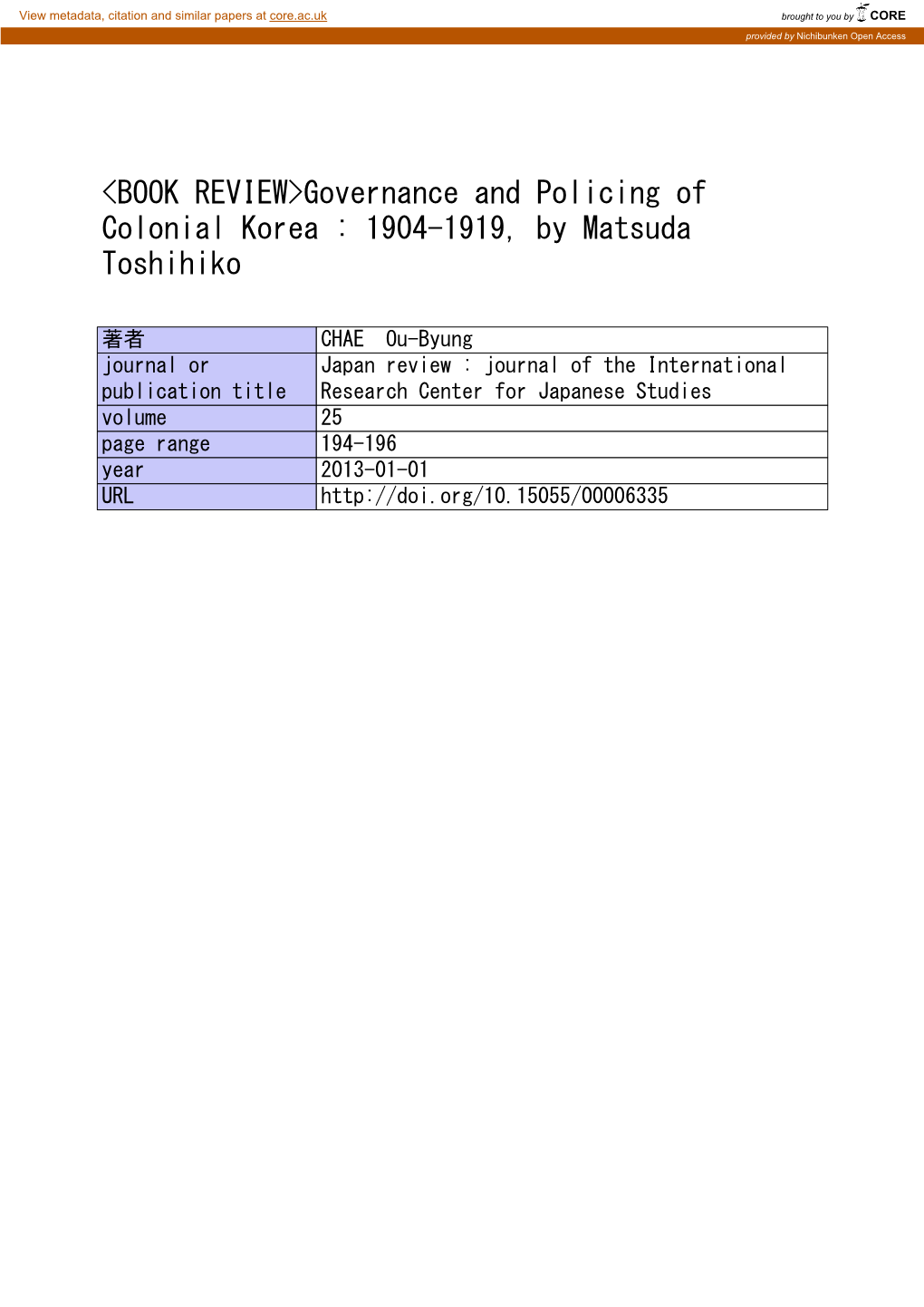 Governance and Policing of Colonial Korea : 1904-1919, by Matsuda Toshihiko