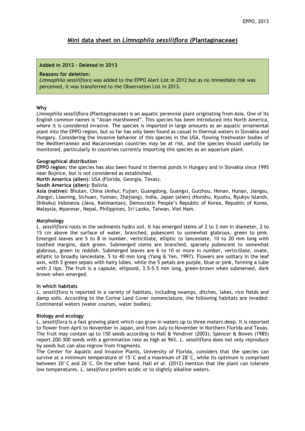 Mini Data Sheet on Limnophila Sessiliflora