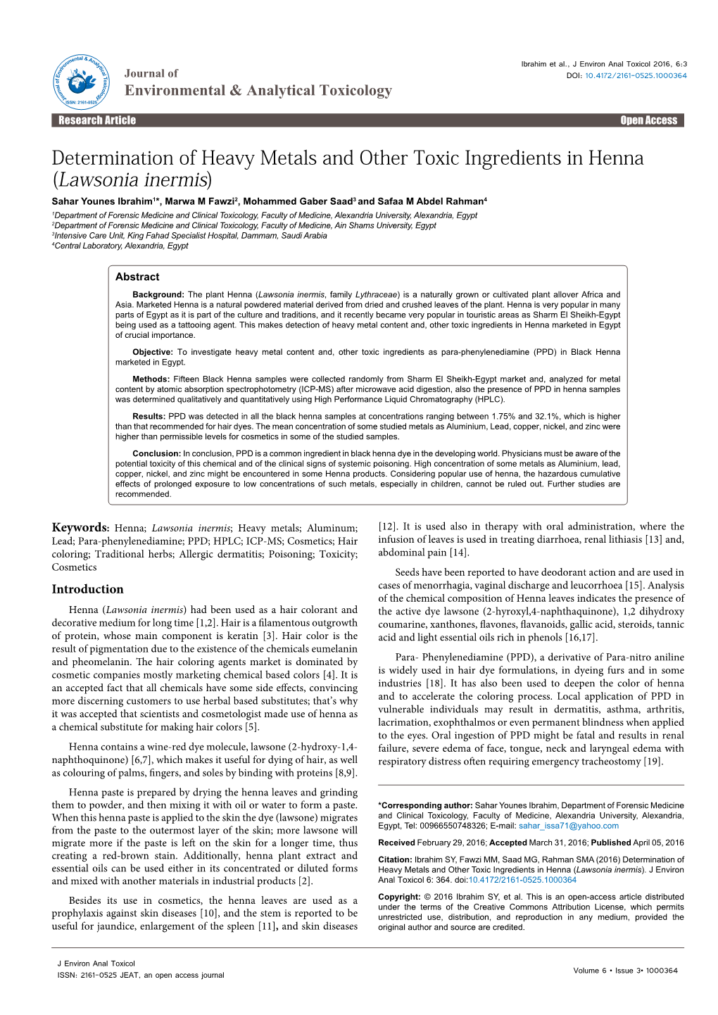 Determination of Heavy Metals and Other Toxic Ingredients in Henna