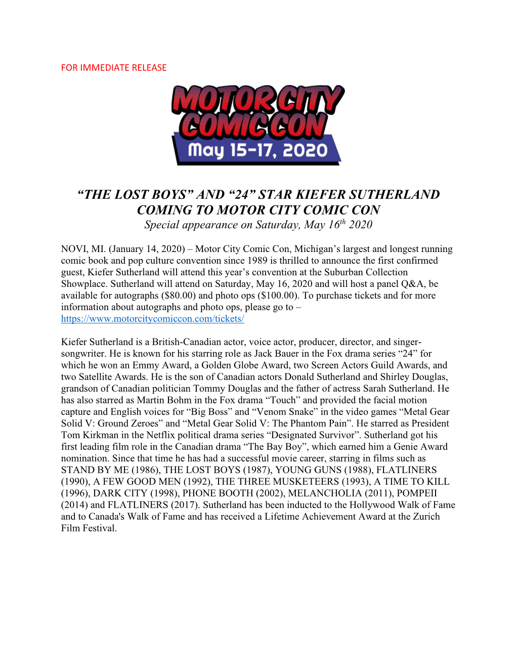 “THE LOST BOYS” and “24” STAR KIEFER SUTHERLAND COMING to MOTOR CITY COMIC CON Special Appearance on Saturday, May 16Th 2020