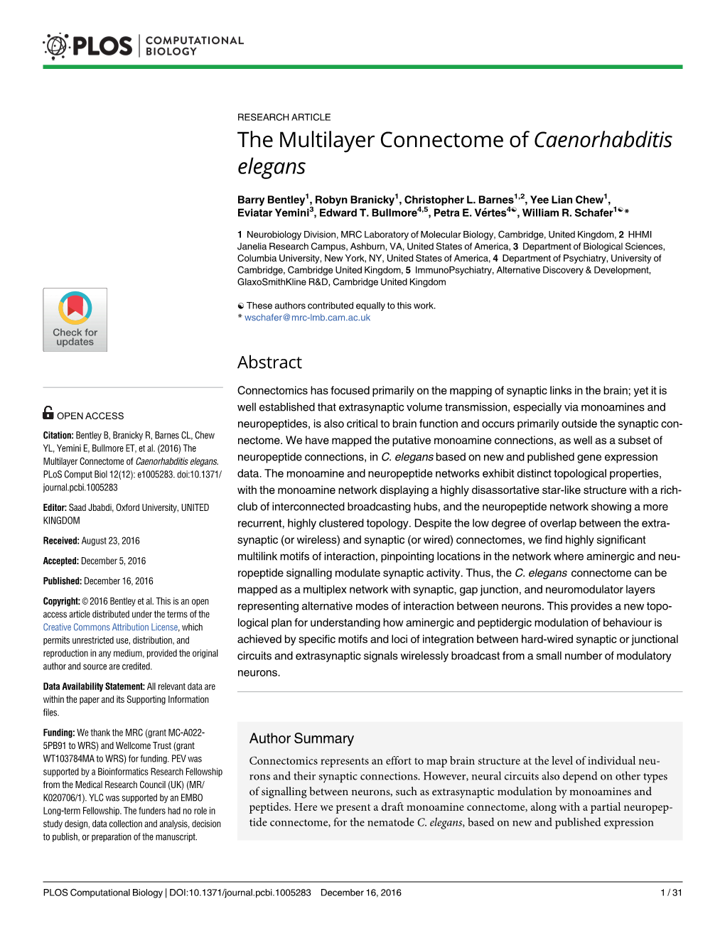 The Multilayer Connectome of Caenorhabditis Elegans