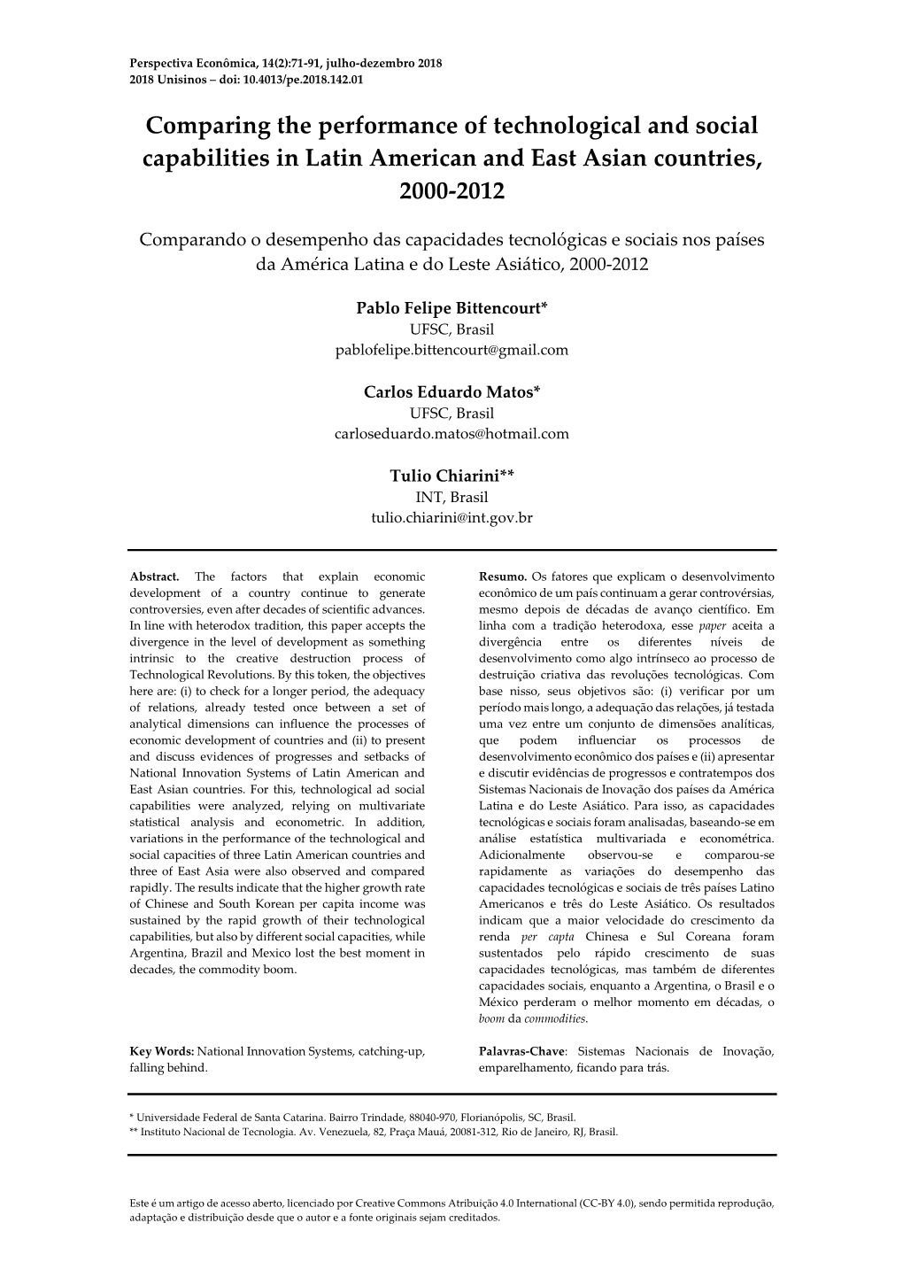 Comparing the Performance of Technological and Social Capabilities in Latin American and East Asian Countries, 2000-2012