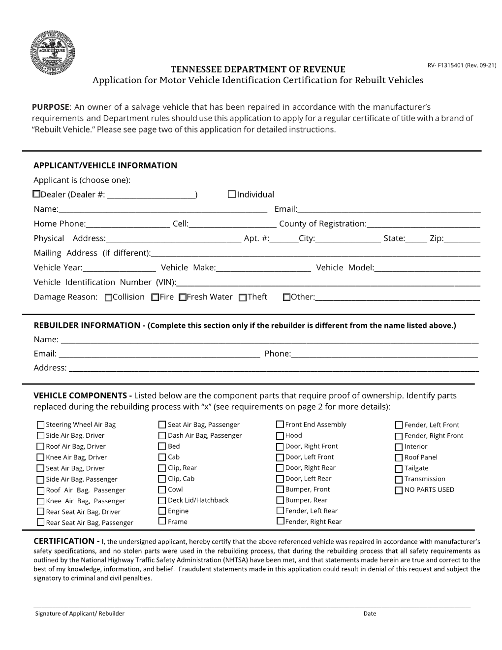 Application for Motor Vehicle Identification Certification for Rebuilt Vehicles