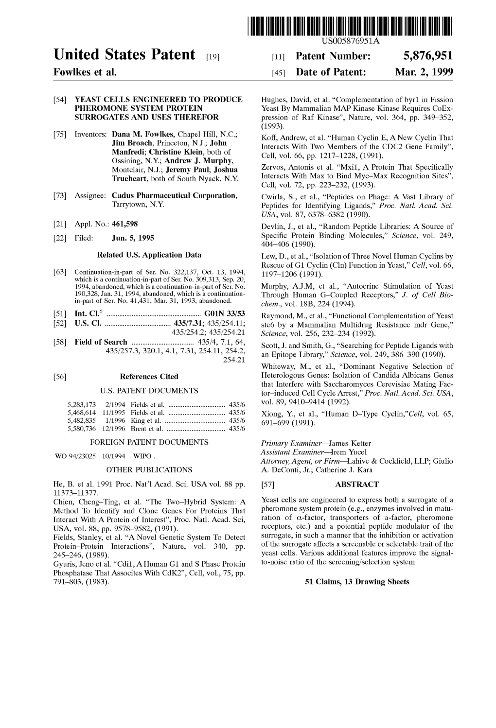 United States Patent (19) 11 Patent Number: 5,876.951 Fowlkes Et Al