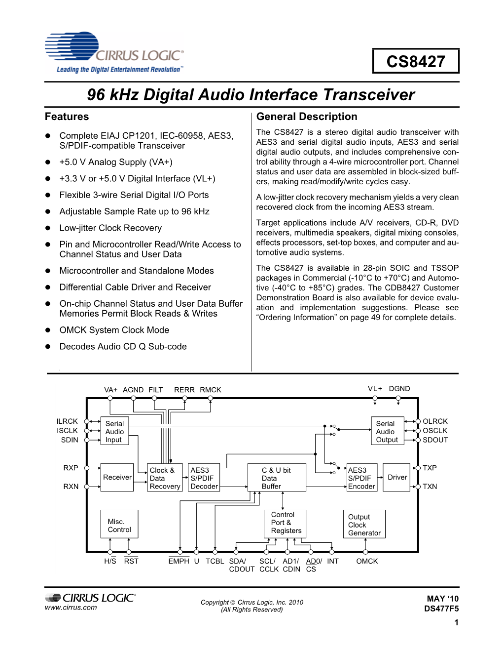 CS8427 96 Khz Digital Audio Interface Transceiver