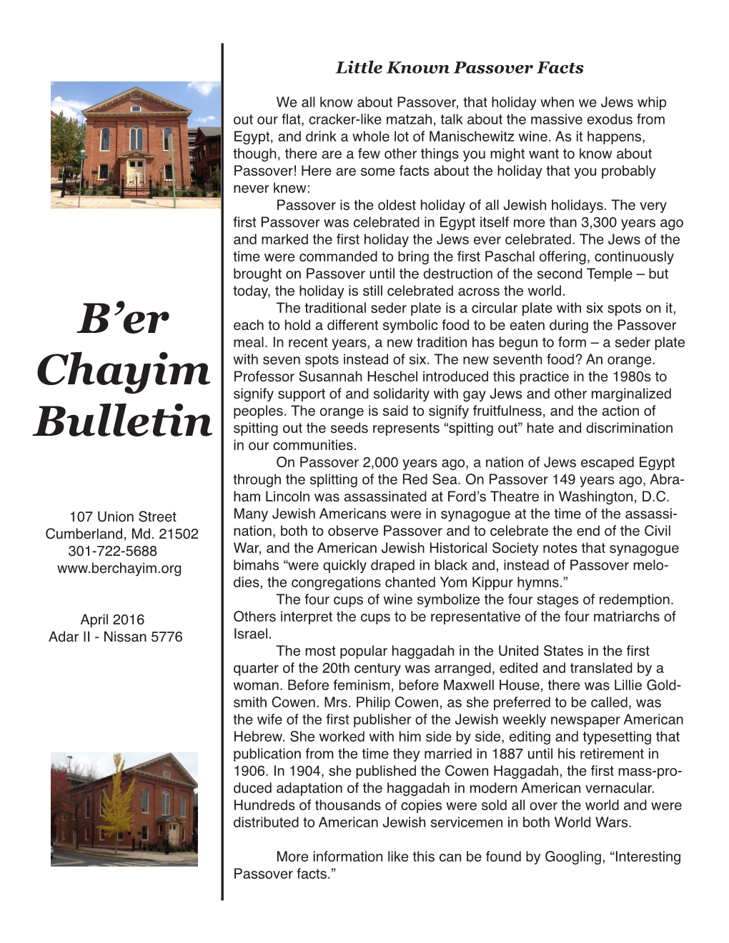 B'er Chayim Bulletin