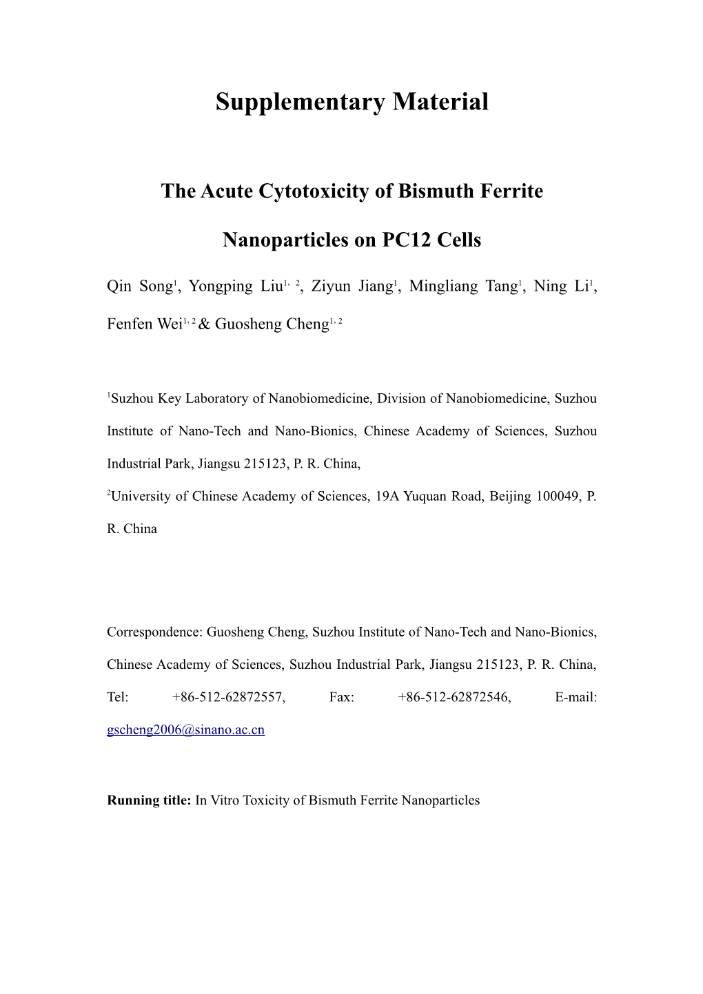 The Acute Cytotoxicity of Bismuth Ferrite Nanoparticles on PC12 Cells