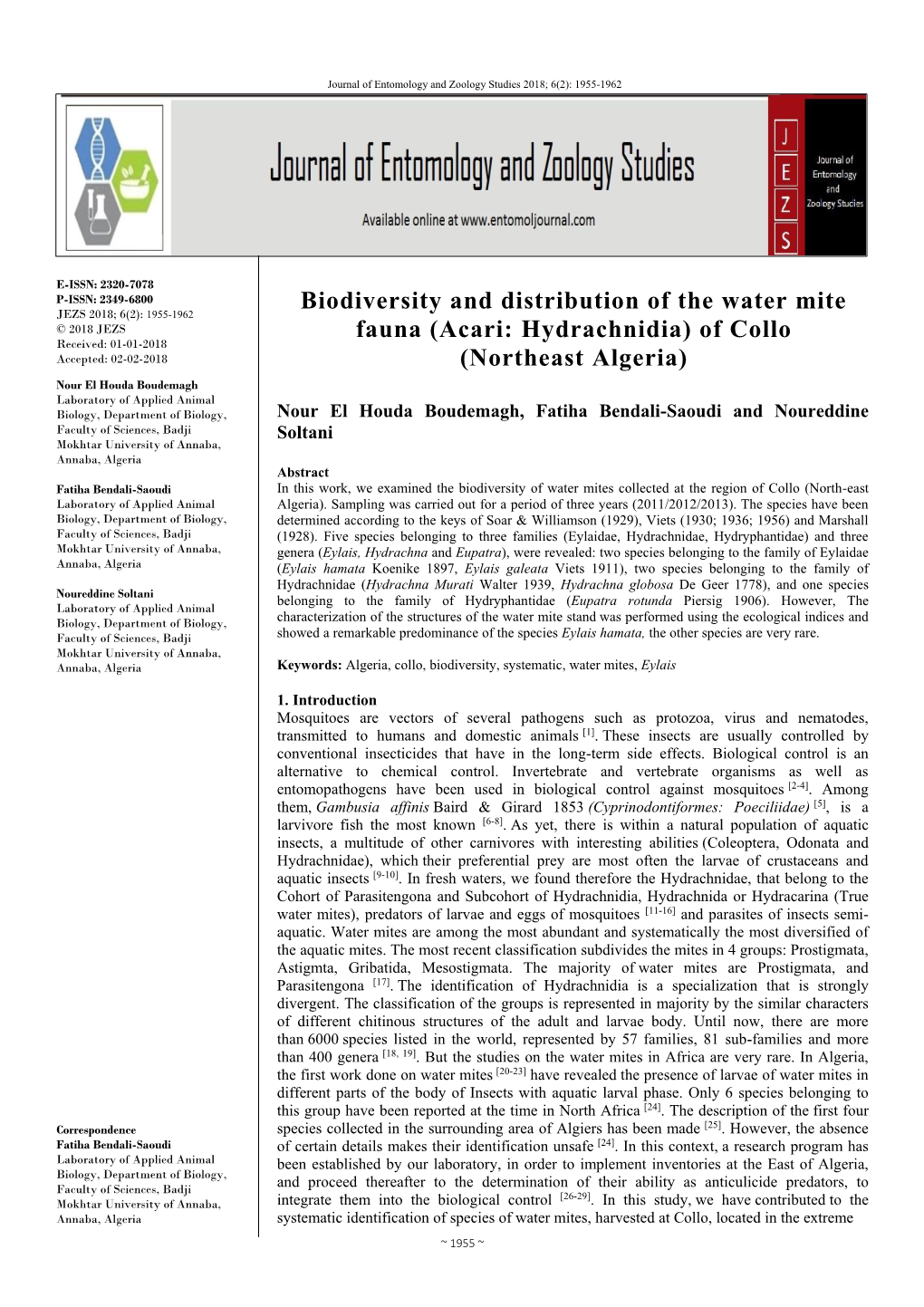 Acari: Hydrachnidia) of Collo Received: 01-01-2018 Accepted: 02-02-2018 (Northeast Algeria)