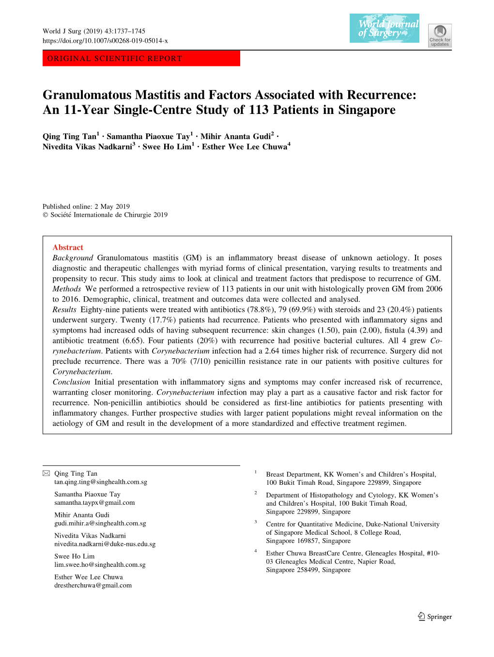 Granulomatous Mastitis and Factors Associated with Recurrence: an 11-Year Single-Centre Study of 113 Patients in Singapore