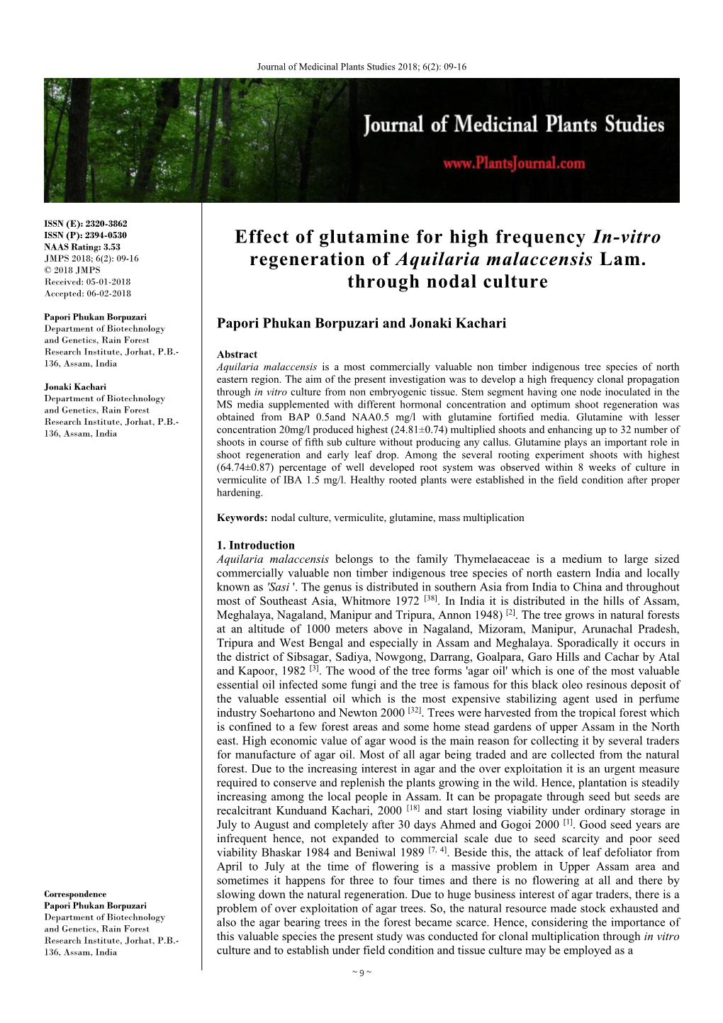 Effect of Glutamine for High Frequency In-Vitro Regeneration of Aquilaria