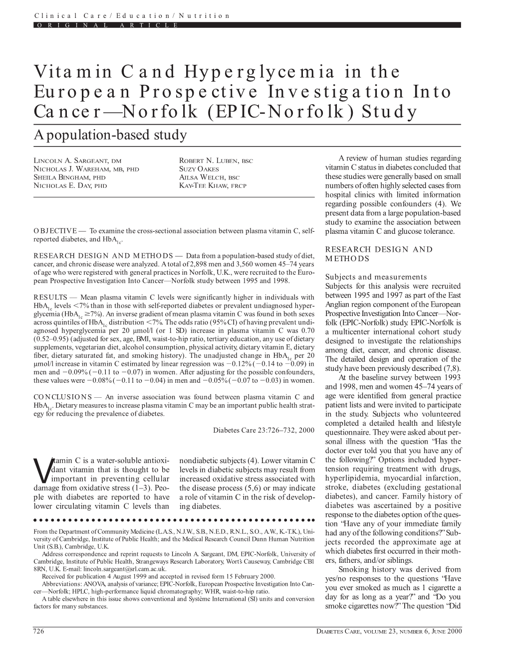 Vitamin C and Hyperglycemia in the European Prospective Investigation Into Cancer—Norfolk (EPIC-Norfolk) Study a Population-Based Study