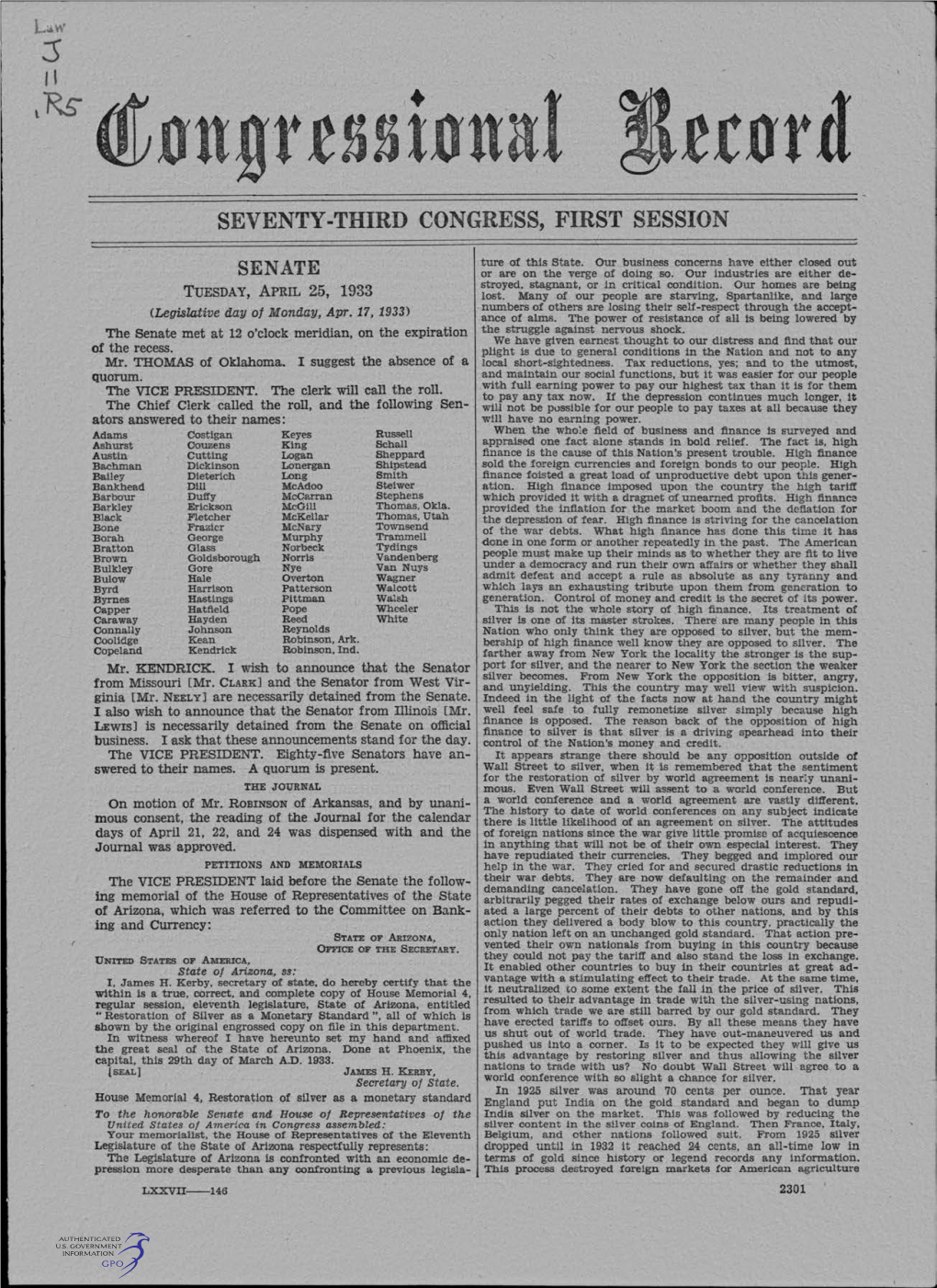 Seventy-Third Congress, First Session