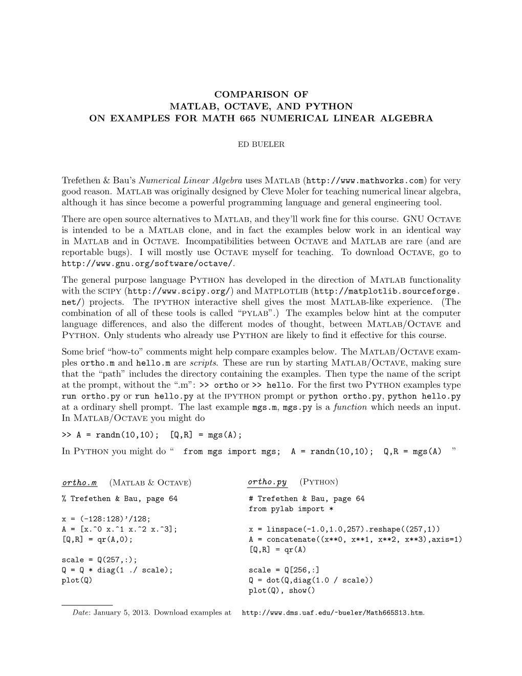 COMPARISON of MATLAB, OCTAVE, and PYTHON on EXAMPLES for MATH 665 NUMERICAL LINEAR ALGEBRA Trefethen & Bau's Numerical