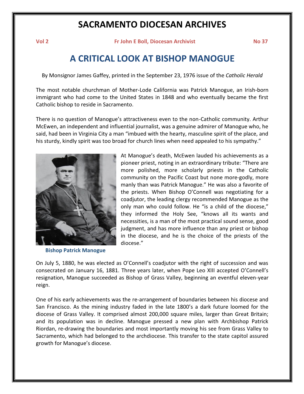 Vol 2, No 37 a Critical Look at Bishop Manogue