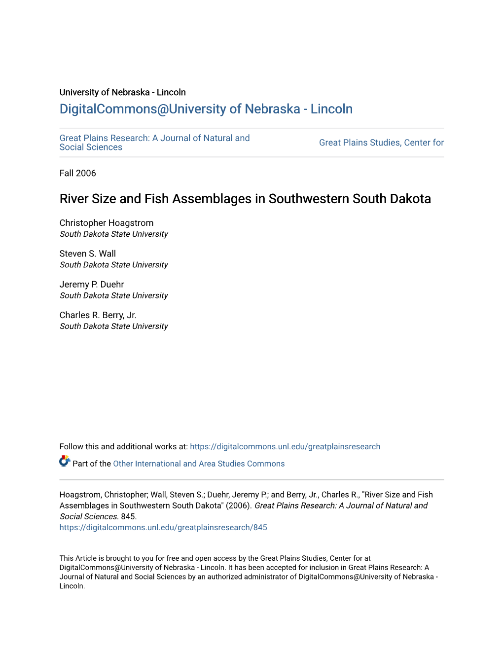 River Size and Fish Assemblages in Southwestern South Dakota