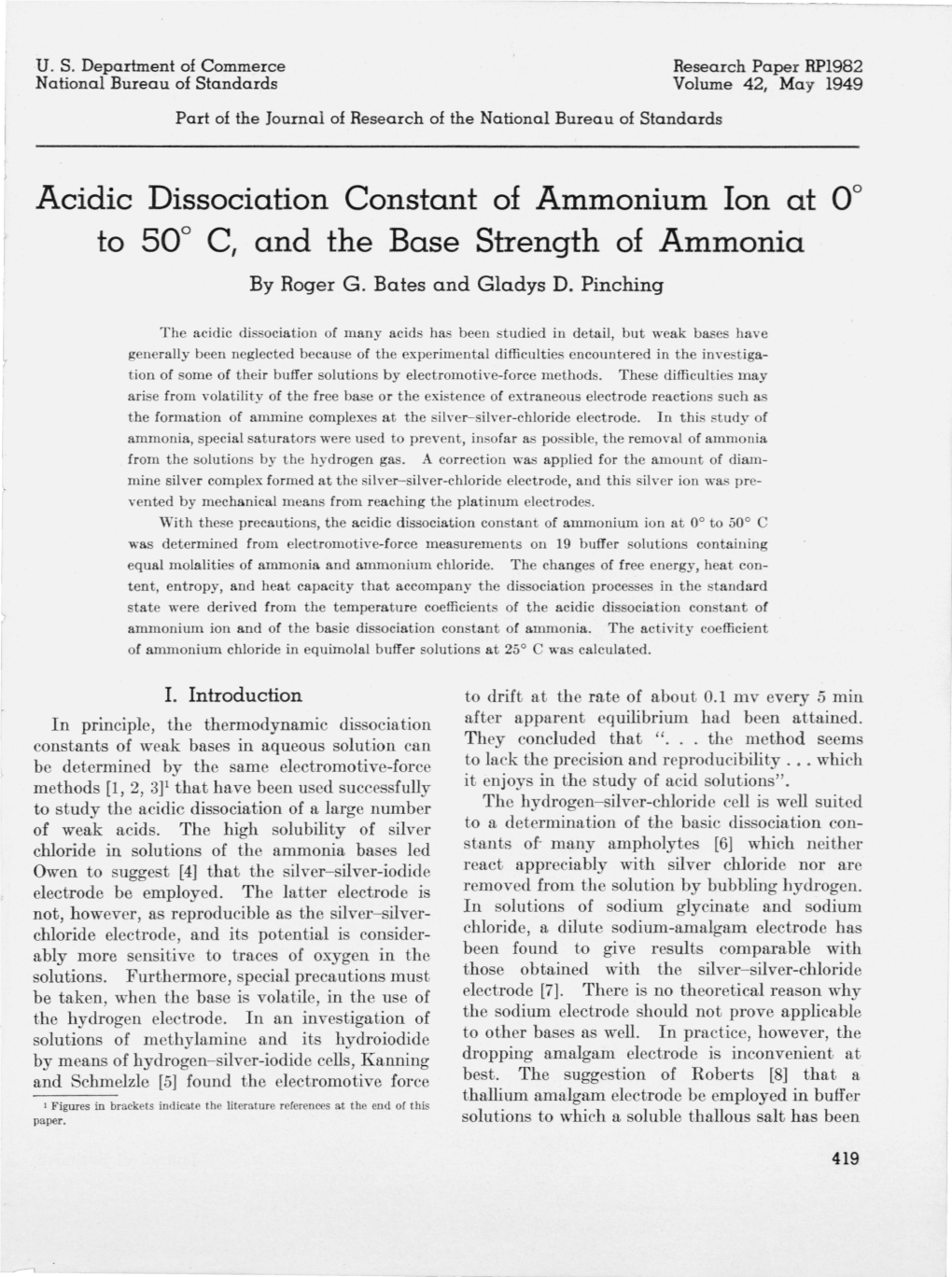 Acidic Dissociation Constant of Ammonium Ion at 0° to 50° C, And