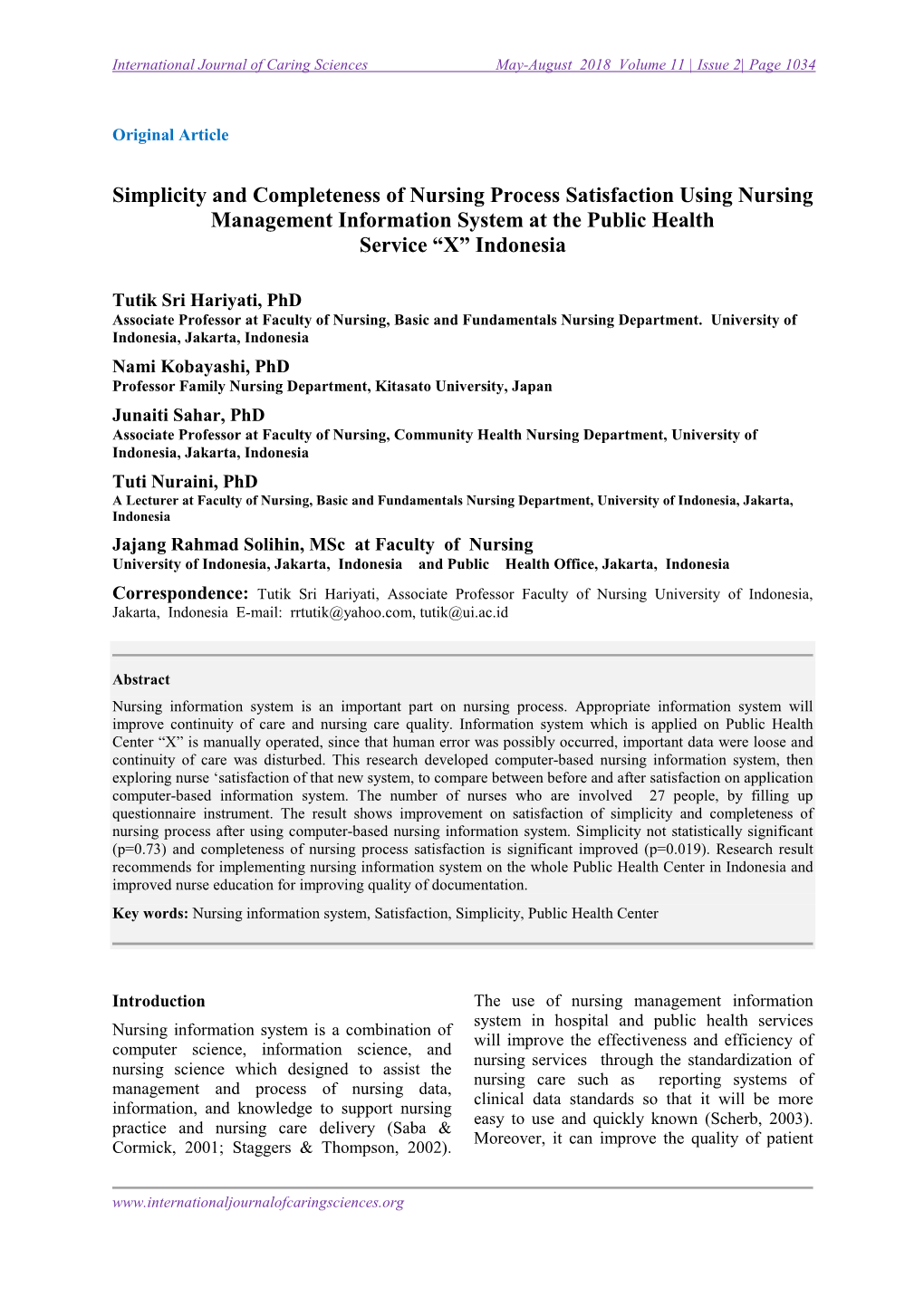 Simplicity and Completeness of Nursing Process Satisfaction Using Nursing Management Information System at the Public Health Service “X” Indonesia