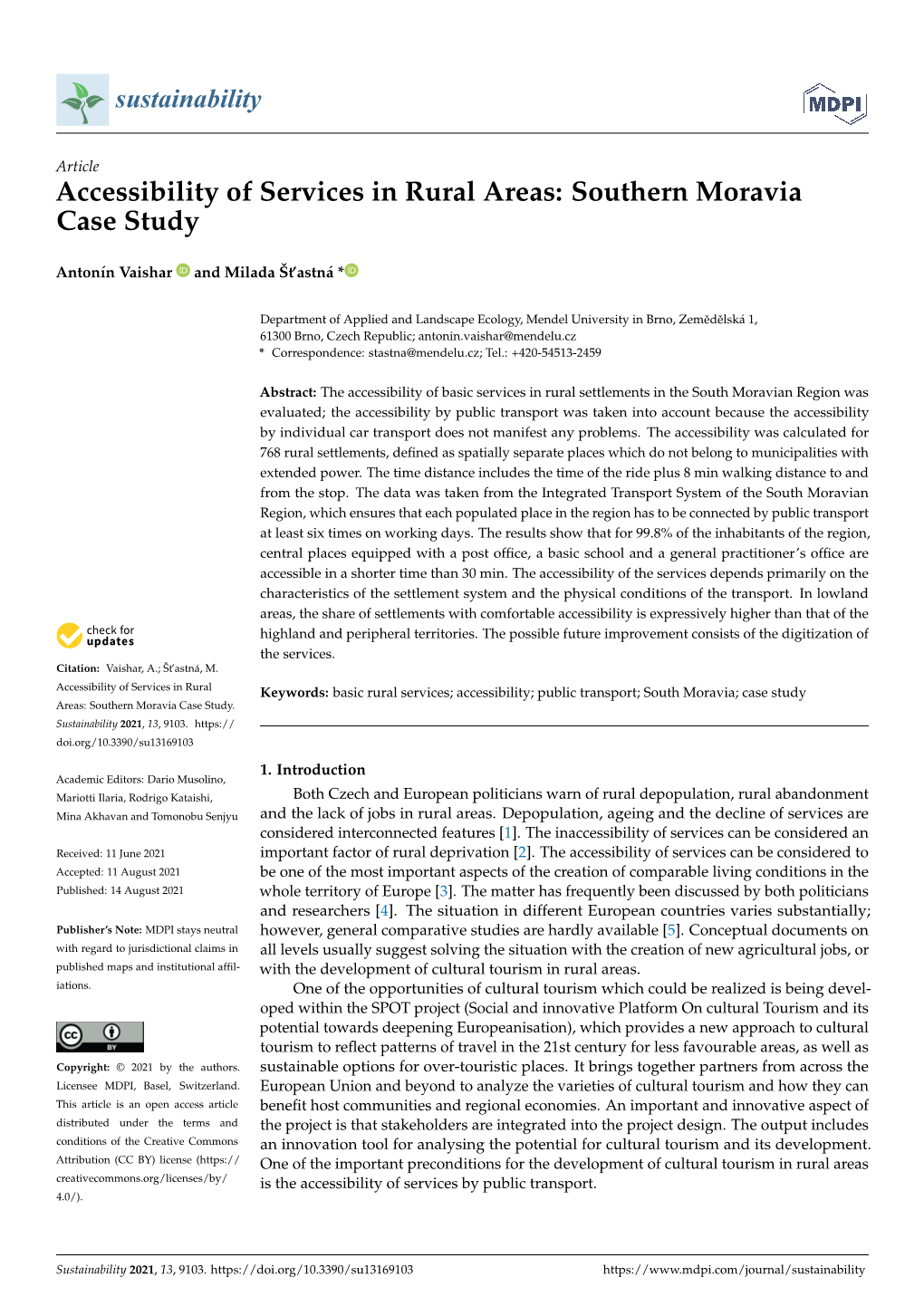Accessibility of Services in Rural Areas: Southern Moravia Case Study