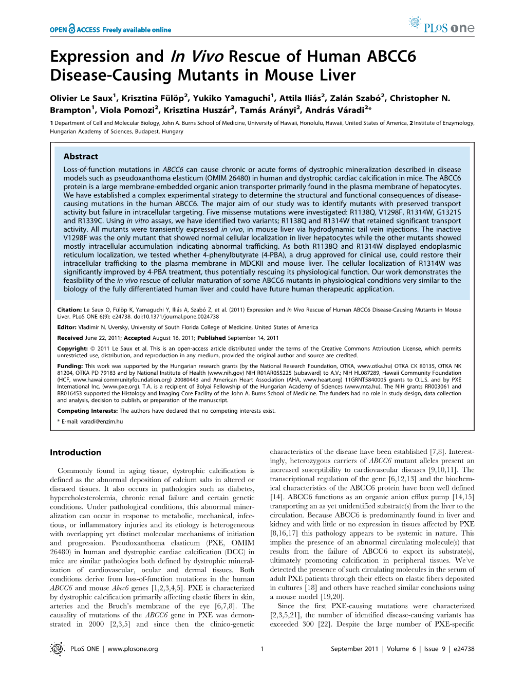 Expression and in Vivo Rescue of Human ABCC6 Disease-Causing Mutants in Mouse Liver