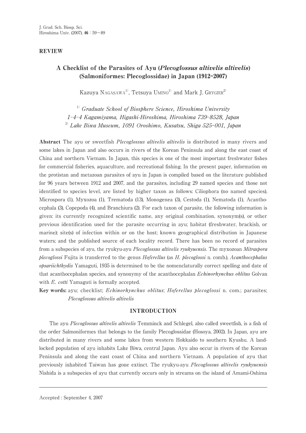 A Checklist of the Parasites of Ayu (Plecoglossus Altivelis Altivelis) (Salmoniformes: Plecoglossidae) in Japan (1912-2007)