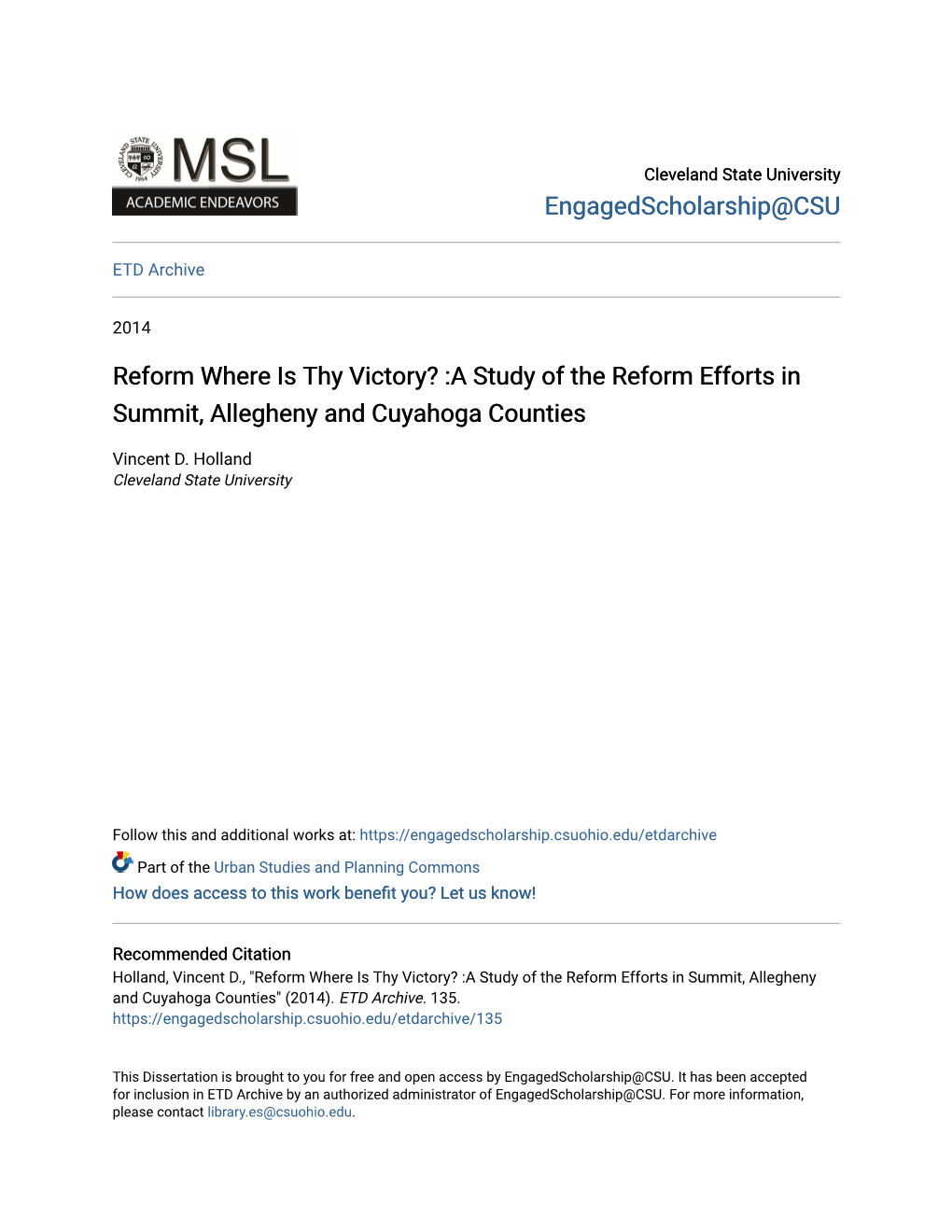 A Study of the Reform Efforts in Summit, Allegheny and Cuyahoga Counties