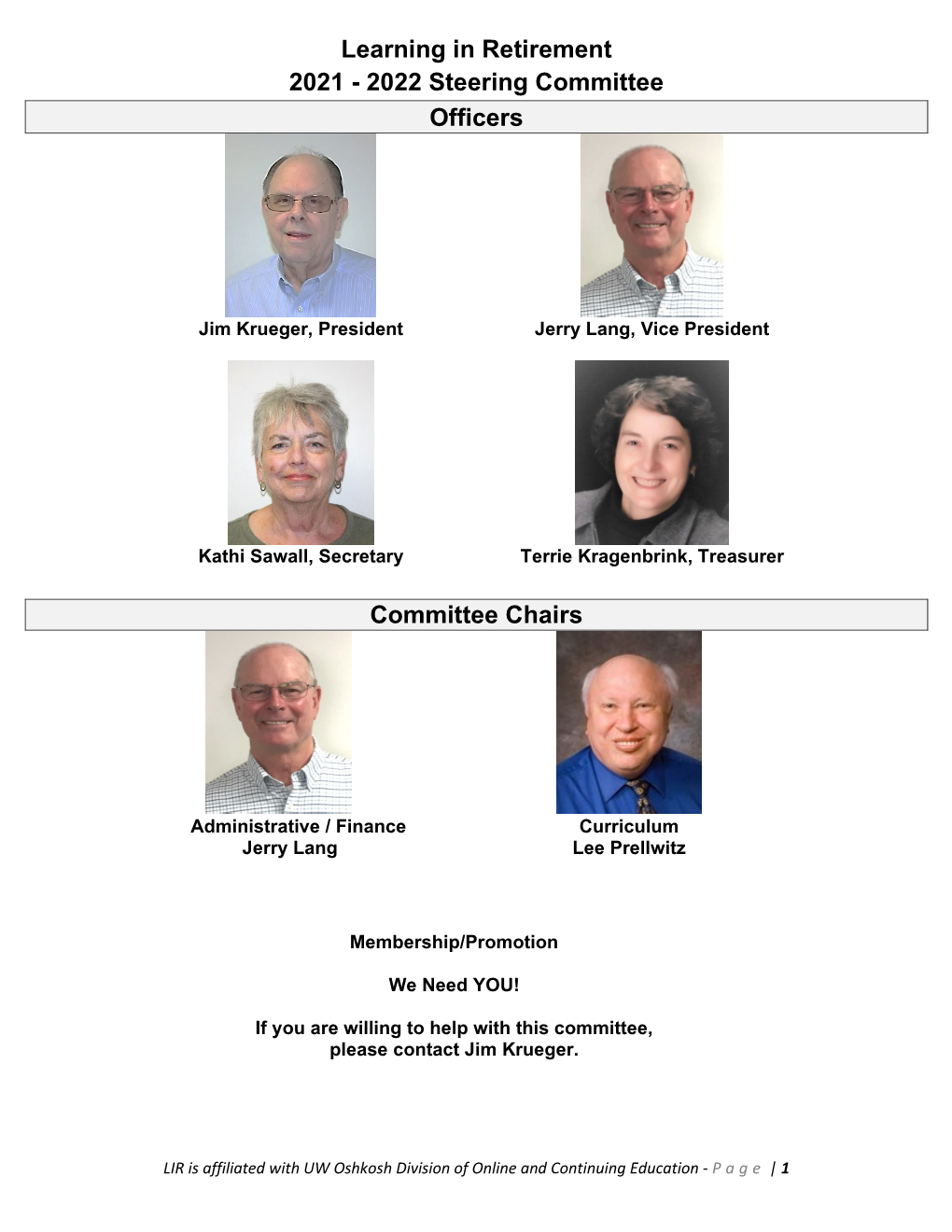 Learning in Retirement 2021 - 2022 Steering Committee Officers