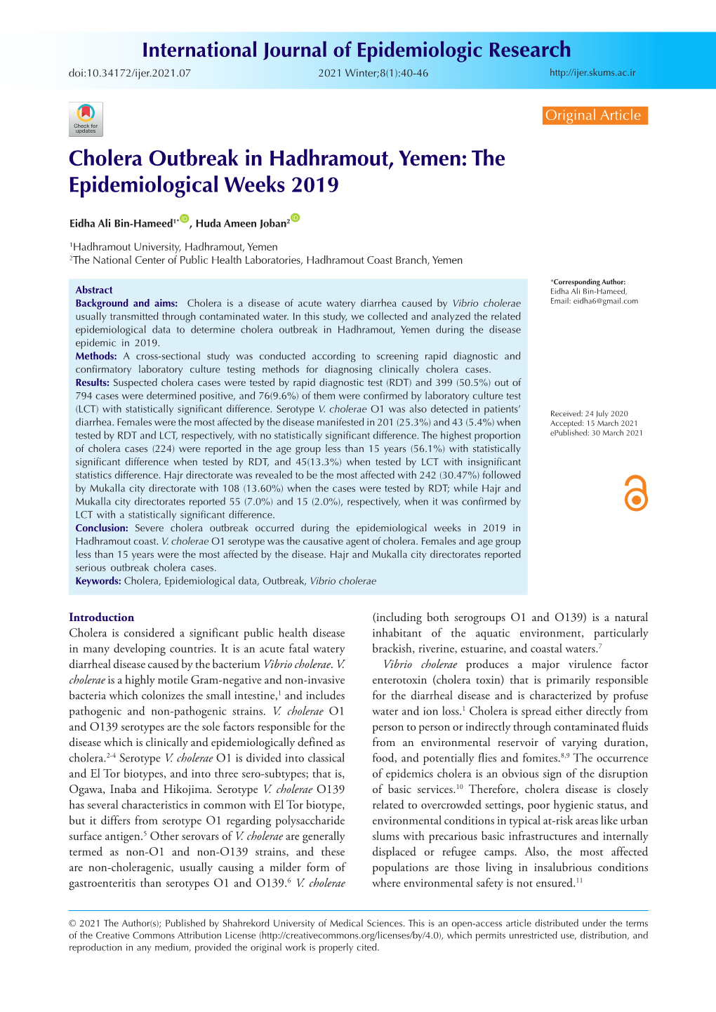 Cholera Outbreak in Hadhramout, Yemen: the Epidemiological Weeks 2019