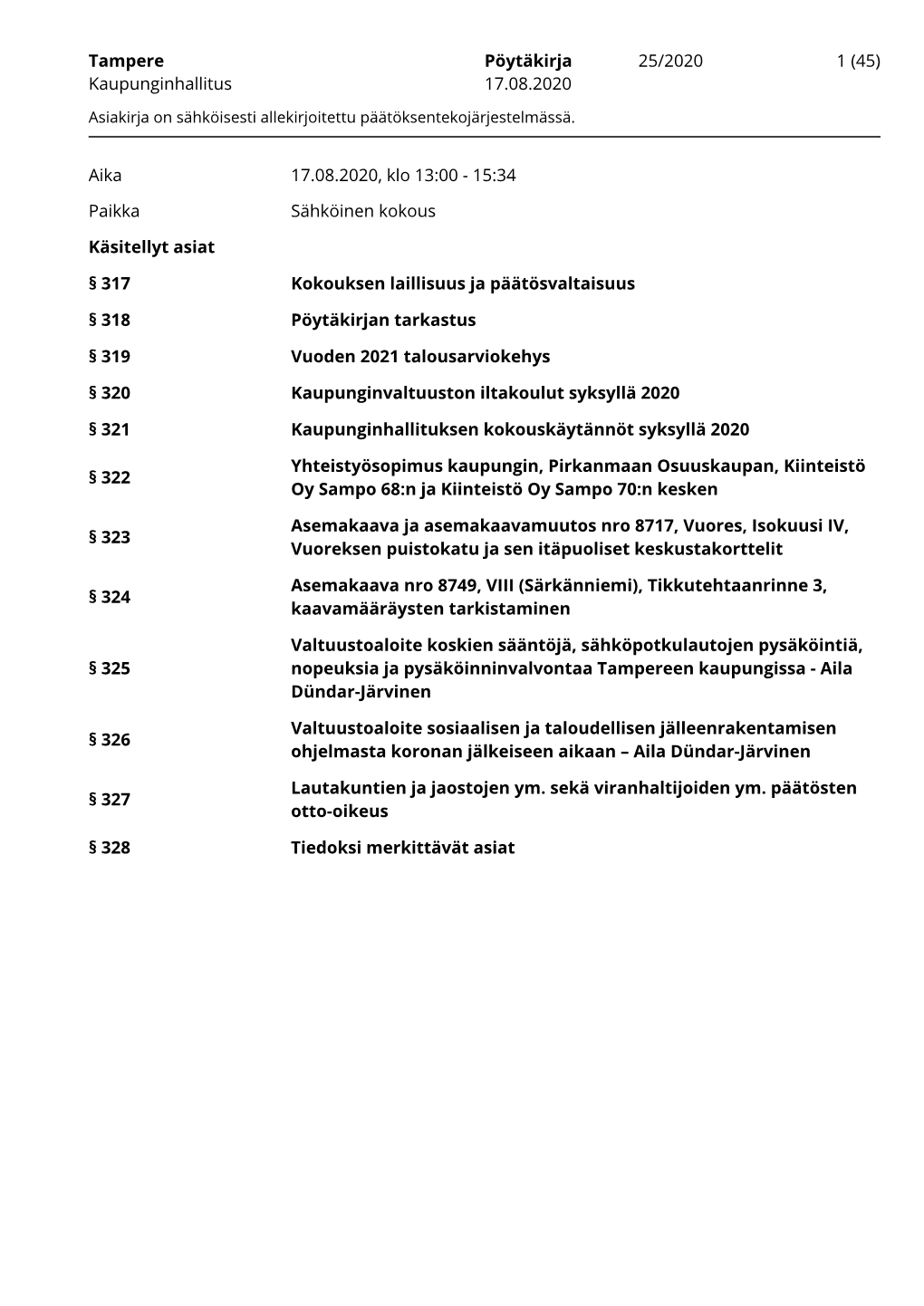 Tampere Pöytäkirja 25/2020 1 (45) Kaupunginhallitus 17.08.2020