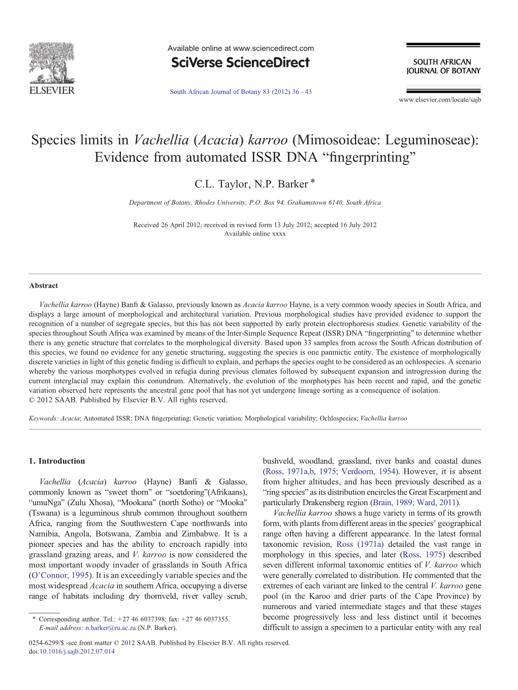 (Acacia) Karroo (Mimosoideae: Leguminoseae): Evidence from Automated ISSR DNA “ﬁngerprinting” ⁎ C.L