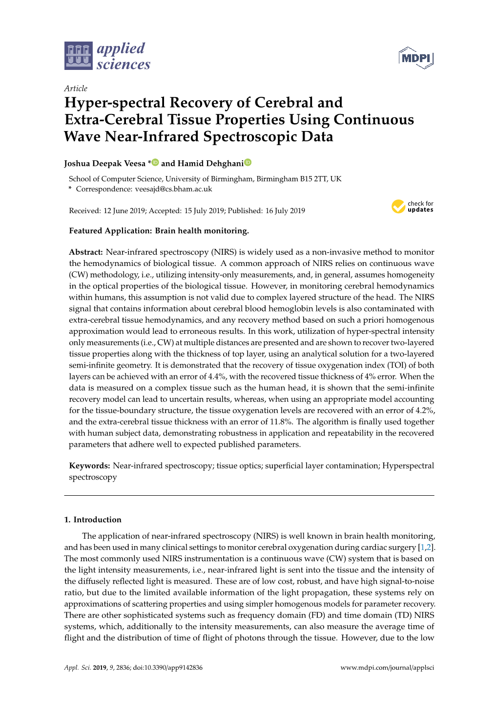 Hyper-Spectral Recovery of Cerebral and Extra-Cerebral Tissue Properties Using Continuous Wave Near-Infrared Spectroscopic Data