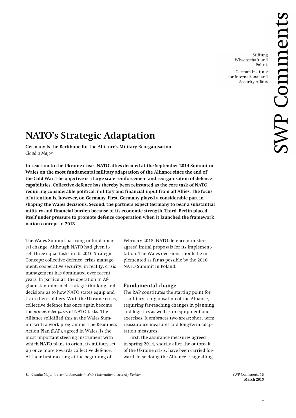 NATO's Strategic Adaptation. Germany Is the Backbone for The