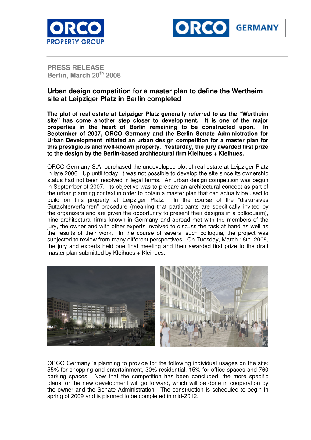 Urban Design Competition for a Master Plan to Define the Wertheim Site at Leipziger Platz in Berlin Completed