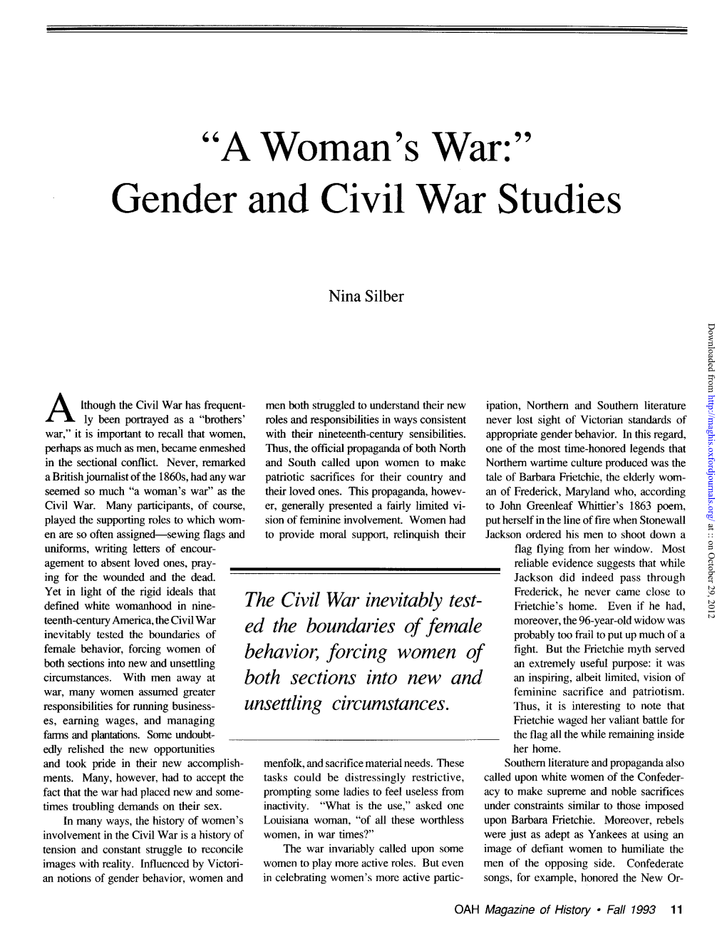 "A Woman's War:" Gender and Civil War Studies