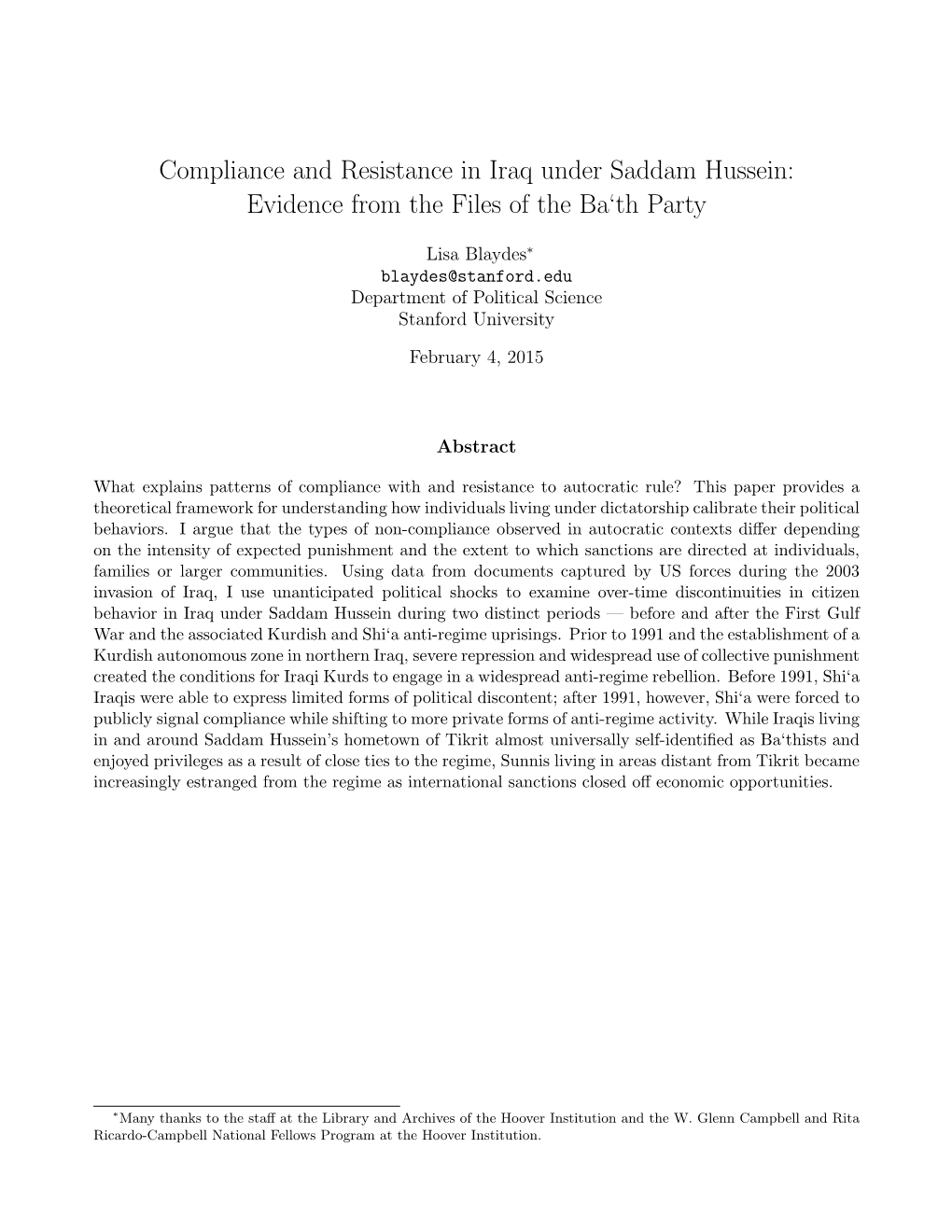 Compliance and Resistance in Iraq Under Saddam Hussein: Evidence from the Files of the Ba‘Th Party