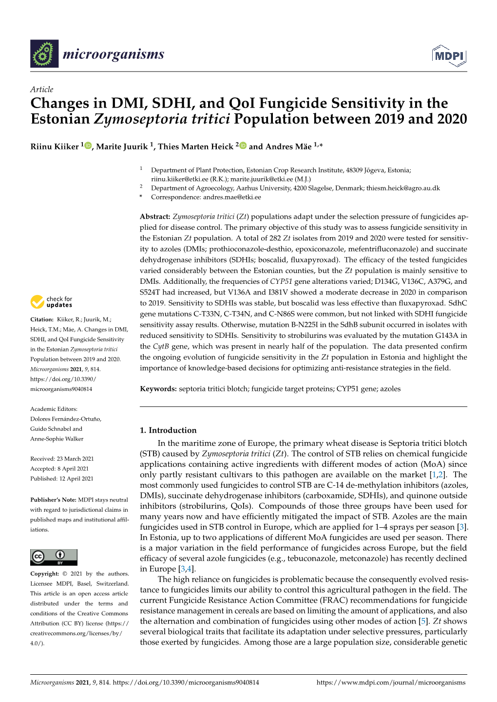 Changes in DMI, SDHI, and Qoi Fungicide Sensitivity in the Estonian Zymoseptoria Tritici Population Between 2019 and 2020