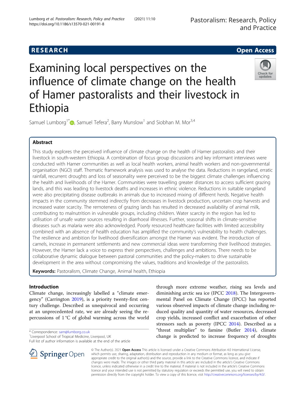 Examining Local Perspectives on the Influence of Climate Change on the Health of Hamer Pastoralists and Their Livestock in Ethio